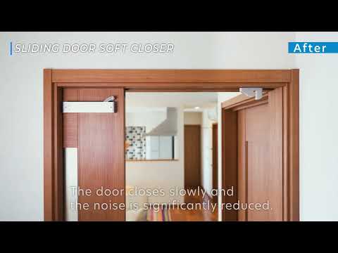 KURIKI Japan soft closing kit installation demonstration on a wooden pocket door